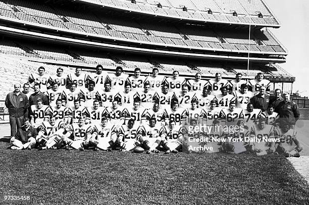 The AFL Champion New York Jets of 1968: Front row Trainer Jeff Snedeker; Karl Henke; Jim Richards; Mike D'Amato; Harvey Nairn; Randy Beverly; Bill...