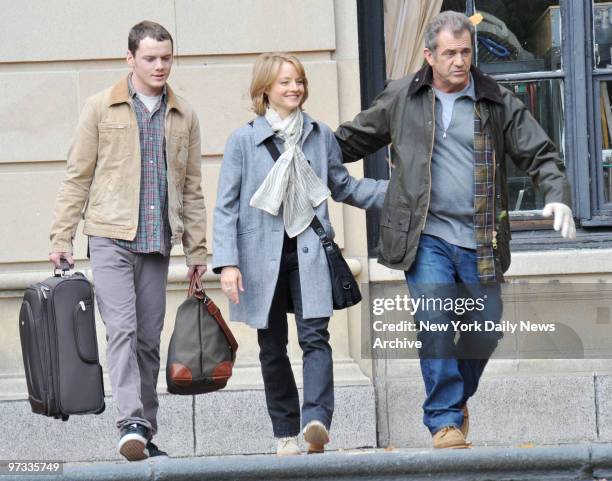 Oscar winners Mel Gibson and Jodi Foster, plus newcomer Anton Yelchin, crossing the Grand Concourse in the Bronx yesterday while filming the...