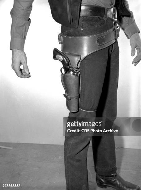 Television western series: Hotel de Paree. Lead actor, Earl Holliman , photograph of gun and holster. January 12, 1960. Los Angeles, CA.