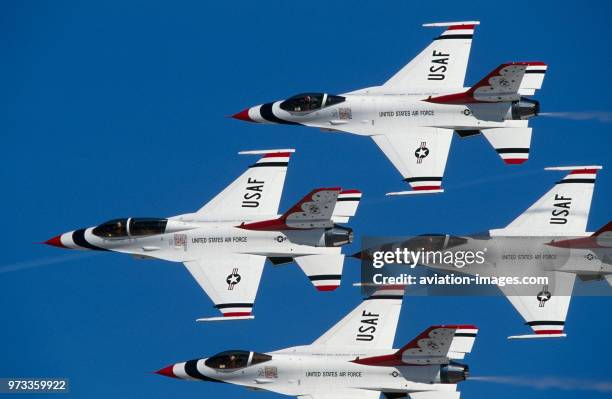 Thunderbirds Lockheed Martin F-16 Fighting Falcons in the flying-display at the 1997 Nellis AFB Golden Air Tattoo.