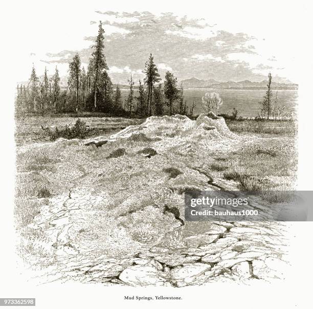 ilustraciones, imágenes clip art, dibujos animados e iconos de stock de manantiales de lodo y valle de yellowstone, parque nacional de yellowstone, wyoming, montana, idaho, estados unidos, americano grabado victoriano, 1872 - ollas de barro