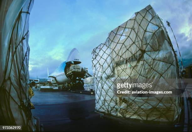 Cargo being loaded onto a Boeing 747-200F.