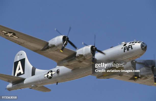 Boeing B-29 Super Fortress named 'FiFi' with bomb-bay open in the flying-display at the 1997 Confederate-Air-Force Airshow.