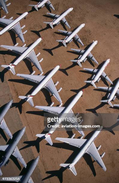 Desert-storage, aerial-view of United Airlines Boeing 727s, McDonnell Douglas DC-8s and TWA DC-9s parked due to the economic recession after the...