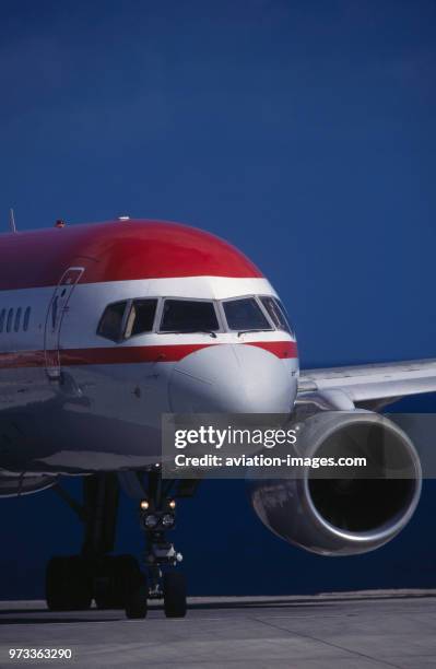 Nose and Rolls-Royce RB-211-535E4 engine-intake of a Boeing 757-200 taxiing.