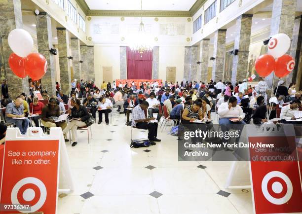 Outside Bronx Court House on 161st & Grand Concourse, New Yorkers lined up to apply for jobs at local Target Store. Inside courthouse applicants...