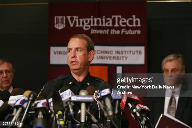 Wendell Flinchum, head of the Virginia Tech police force, speaks during a news conference about yesterday's massacre at the university. Thirty-two...