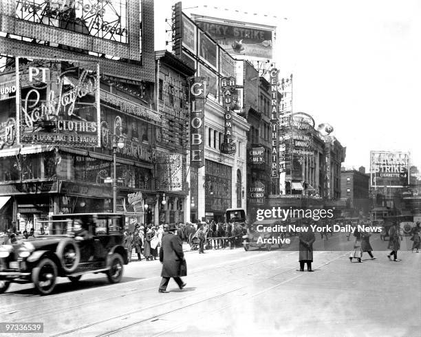 West side of Broadway ,in Manahattan, N.Y.C.,New York.Looking north from 46th street. Shows Park and Taylor on corner at left, next is Globe theatre...