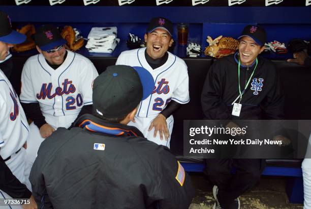 New York Mets' relief pitcher John Franco draws laughs from Kaz Matsui and Karim Garcia before a game against the Atlanta Braves at Shea Stadium. The...