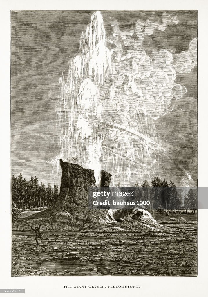 Giant Geyser, Old Faithful, Yellowstone Valley, Yellowstone National Park, Wyoming, Montana, and Idaho, United States, American Victorian Engraving, 1872