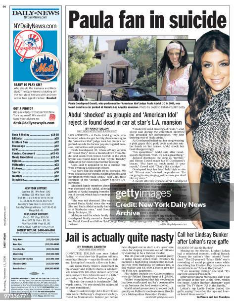 Page 2 of the Daily News from November 13, 2008..Headline reads: Paula Fan in Suicide..Story on American Idol reject Paula Goodspeed, who was found...