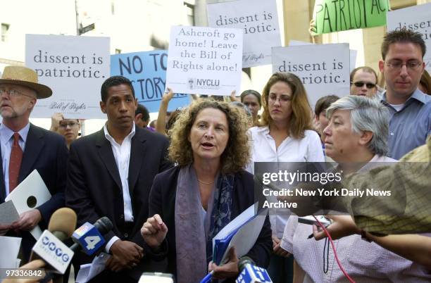Donna Lieberman, director of the New York Civil Liberties Union, speaks at a demonstartion outside Federal Hall on Wall St., where Attorney General...
