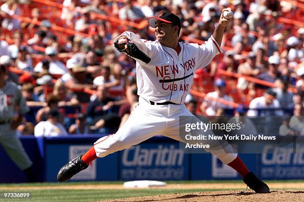 New York Mets' reliever John Franco is on the mound against the Toronto Blue Jays on Negro League Tribute Day at Shea Stadium. The Mets won, 6-2. In...