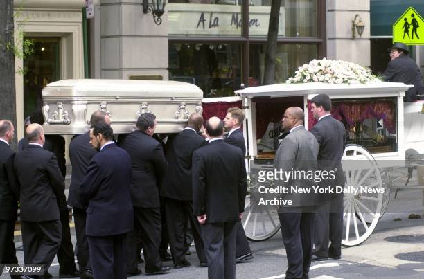 Pallbearers place the silver-plated casket of R&B star Aaliyah into a glass-paneled carriage, which was pulled by a pair of cream-colored horses...