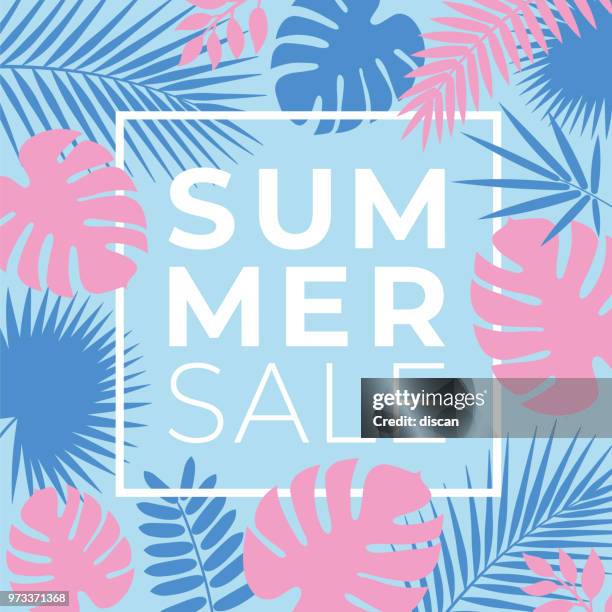 summer tropical sale banner with palm leaves and exotic plants - tropical flower stock illustrations