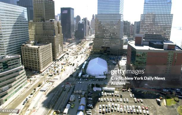 White tent covers the spot in an undeveloped lot in Battery Park City where an interim memorial to victims of the Sept. 11 World Trade Center...