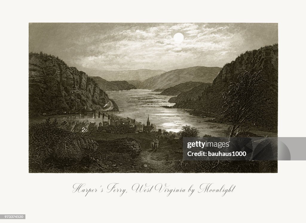 Moonlight over Harper’s Ferry, West Virginia, Maryland, Virginia, United States, American Victorian Engraving, 1872