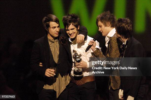 Panic! At the Disco celebrate their award for Best Video of the Year during the 2006 MTV Video Music Awards at Radio City Music Hall.