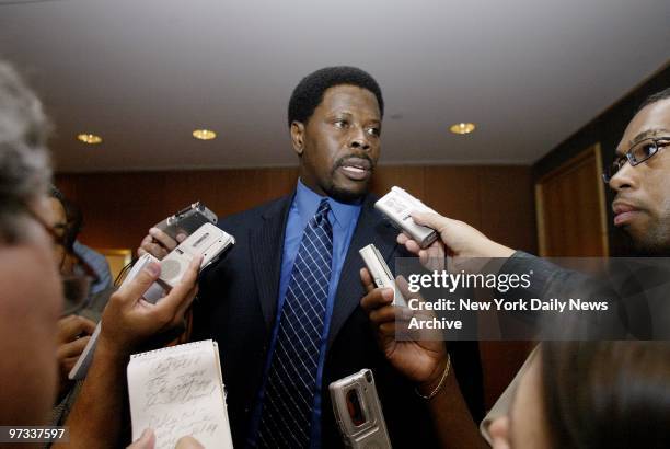 Patrick Ewing talks to reporters at the Four Seasons Hotel, where he announced his retirement, ending his 17-year career as one of the NBA's greatest...