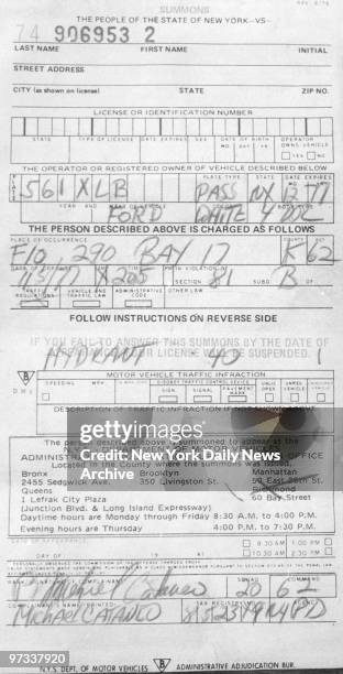Parking ticket issued to American serial killer, David Berkowitz . His car was ticketed in the 62nd Precinct.