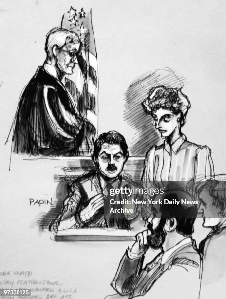 Drawing by Joe Papin of Judge Knapp, Mickey Featherstone, Mary Lee Warren, Jerry Shareel and Jimmy Coonan.