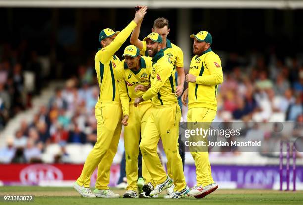 Billy Stanlake of Australia celebrates with his teammates after dismissing Joe Root of England during the 1st Royal London ODI match between England...