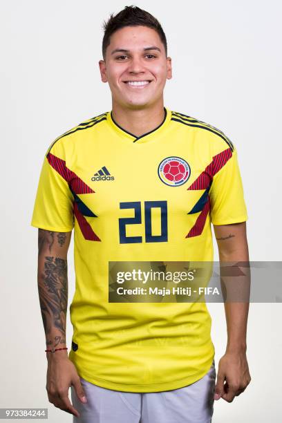 Juan Quintero of Colombia poses for a portrait during the official FIFA World Cup 2018 portrait session at Kazan Ski Resort on June 13, 2018 in...