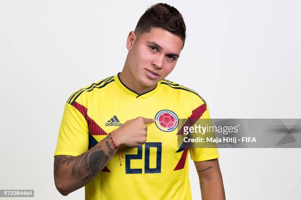 Juan Quintero of Colombia poses for a portrait during the official FIFA World Cup 2018 portrait session at Kazan Ski Resort on June 13, 2018 in...