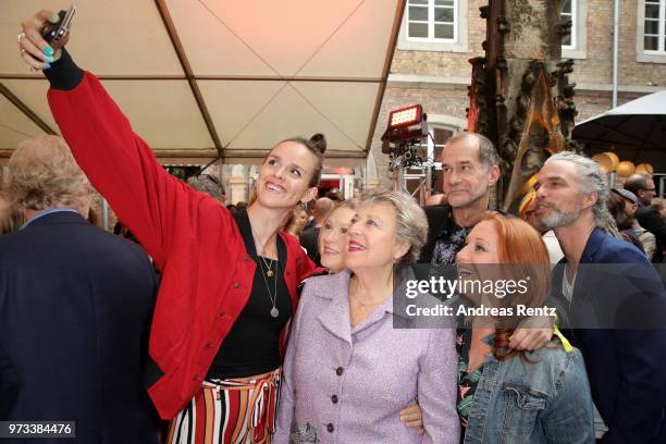 Cosima Viola, Sybille Waury, Marie-Luise Marjan, Georg Uecker, Rebecca Siemoneit-Barum and Moritz Zielke take a selfie as they attend the 'Film- und...