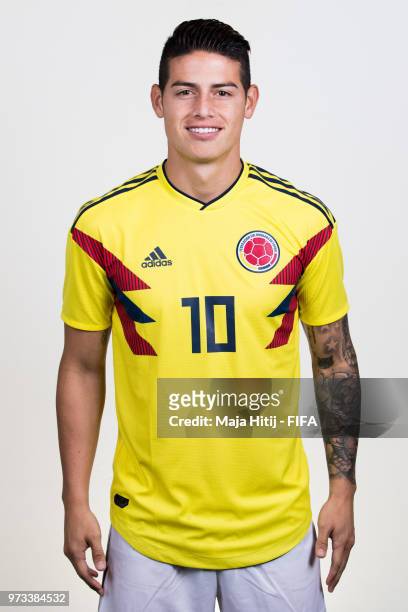 James Rodriguez of Colombia poses for a portrait during the official FIFA World Cup 2018 portrait session at Kazan Ski Resort on June 13, 2018 in...