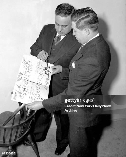 Dr. R.B. Weil and Dr. Harry Strusser with teeth chart of the late Grace Budd who was murdered by Albert Fish.