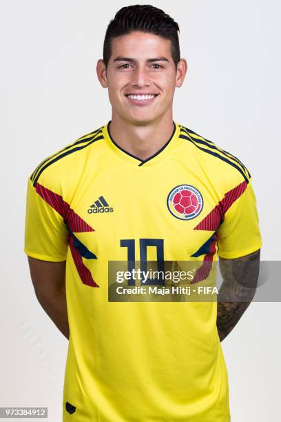 James Rodriguez of Colombia poses for a portrait during the official FIFA World Cup 2018 portrait session at Kazan Ski Resort on June 13, 2018 in...