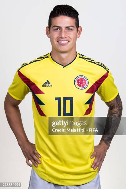 James Rodriguez of Colombia poses for a portrait during the official FIFA World Cup 2018 portrait session at Kazan Ski Resort on June 13, 2018 in...