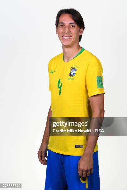 Pedro Geromel of Brazil poses for a portrait during the official FIFA World Cup 2018 portrait session at the Brazil Team Camp on June 12, 2018 in...