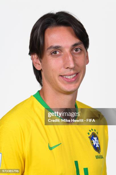 Pedro Geromel of Brazil poses for a portrait during the official FIFA World Cup 2018 portrait session at the Brazil Team Camp on June 12, 2018 in...