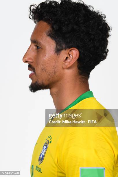 Marquinhos of Brazil poses for a portrait during the official FIFA World Cup 2018 portrait session at the Brazil Team Camp on June 12, 2018 in Sochi,...