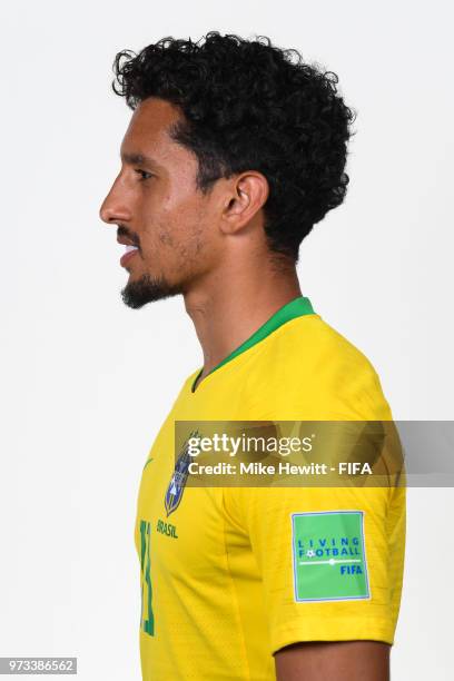 Marquinhos of Brazil poses for a portrait during the official FIFA World Cup 2018 portrait session at the Brazil Team Camp on June 12, 2018 in Sochi,...