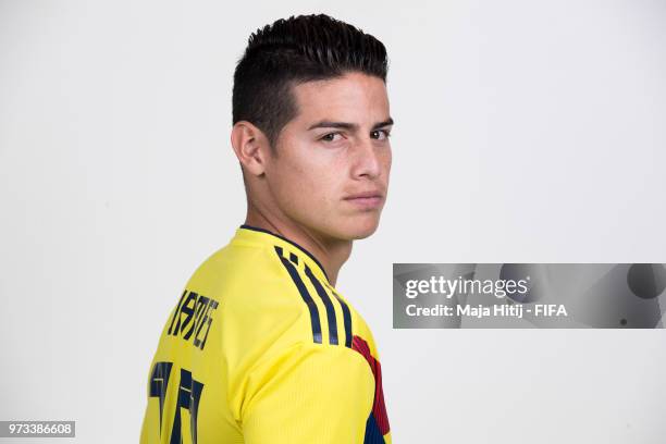 James Rodriguez of Colombia poses for a portrait during the official FIFA World Cup 2018 portrait session at Kazan Ski Resort on June 13, 2018 in...