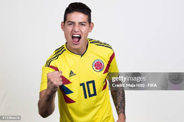 James Rodriguez of Colombia poses for a portrait during the official FIFA World Cup 2018 portrait session at Kazan Ski Resort on June 13, 2018 in...