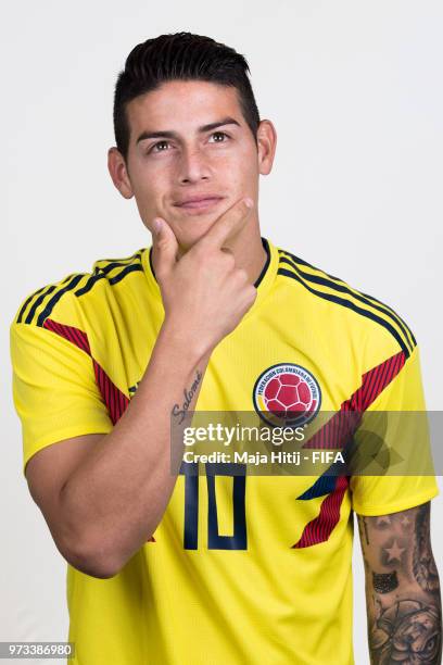 James Rodriguez of Colombia poses for a portrait during the official FIFA World Cup 2018 portrait session at Kazan Ski Resort on June 13, 2018 in...