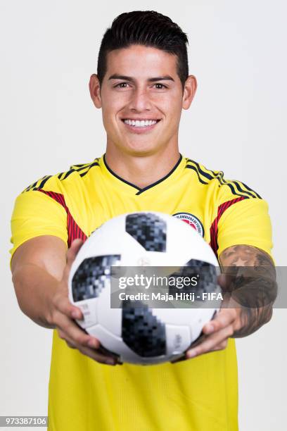 James Rodriguez of Colombia poses for a portrait during the official FIFA World Cup 2018 portrait session at Kazan Ski Resort on June 13, 2018 in...