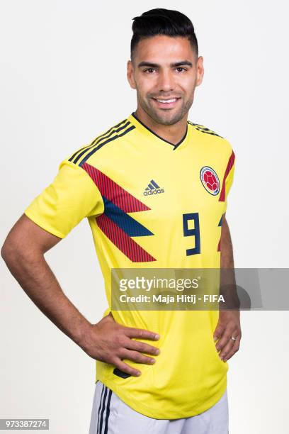 Radamel Falcao of Colombia poses for a portrait during the official FIFA World Cup 2018 portrait session at Kazan Ski Resort on June 13, 2018 in...