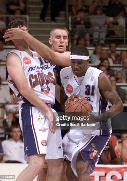 Jayson Wells of the Cannons gains controll of the ball during the West Sydney Razorbacks v Canberra Cannons NBL match played at the State Sports...