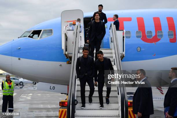 Oribe Peralta, Guillermo Ochoa, Jonathan dos Santos and Javier Aquino of Mexico arrives to Sheremetyevo International Airport to partcipate in the...