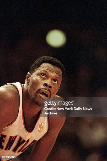 Patrick Ewing of the New York Knicks looks up during game as the Knicks beat the Golden State Warriors.,