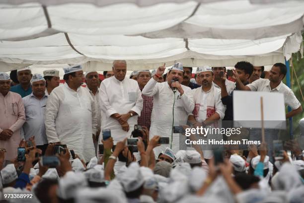 Former Minister of Finance Yashwant Sinha joins the AAP protest march led by AAP senior leader Sanjay Singh against the Lieutenant Governor Anil...