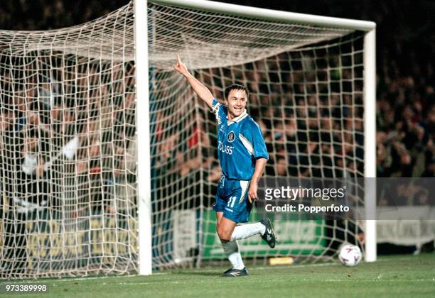 Dennis Wise of Chelsea celebrates after scoring during the UEFA European Cup Winners Cup Quarter-final 1st leg between Chelsea and Valerenga at...