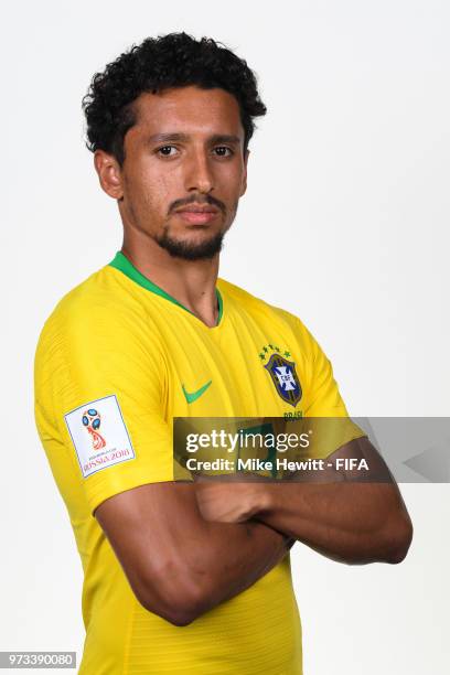 Marquinhos of Brazil poses for a portrait during the official FIFA World Cup 2018 portrait session at the Brazil Team Camp on June 12, 2018 in Sochi,...
