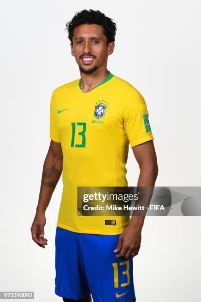 Marquinhos of Brazil poses for a portrait during the official FIFA World Cup 2018 portrait session at the Brazil Team Camp on June 12, 2018 in Sochi,...