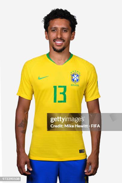 Marquinhos of Brazil poses for a portrait during the official FIFA World Cup 2018 portrait session at the Brazil Team Camp on June 12, 2018 in Sochi,...